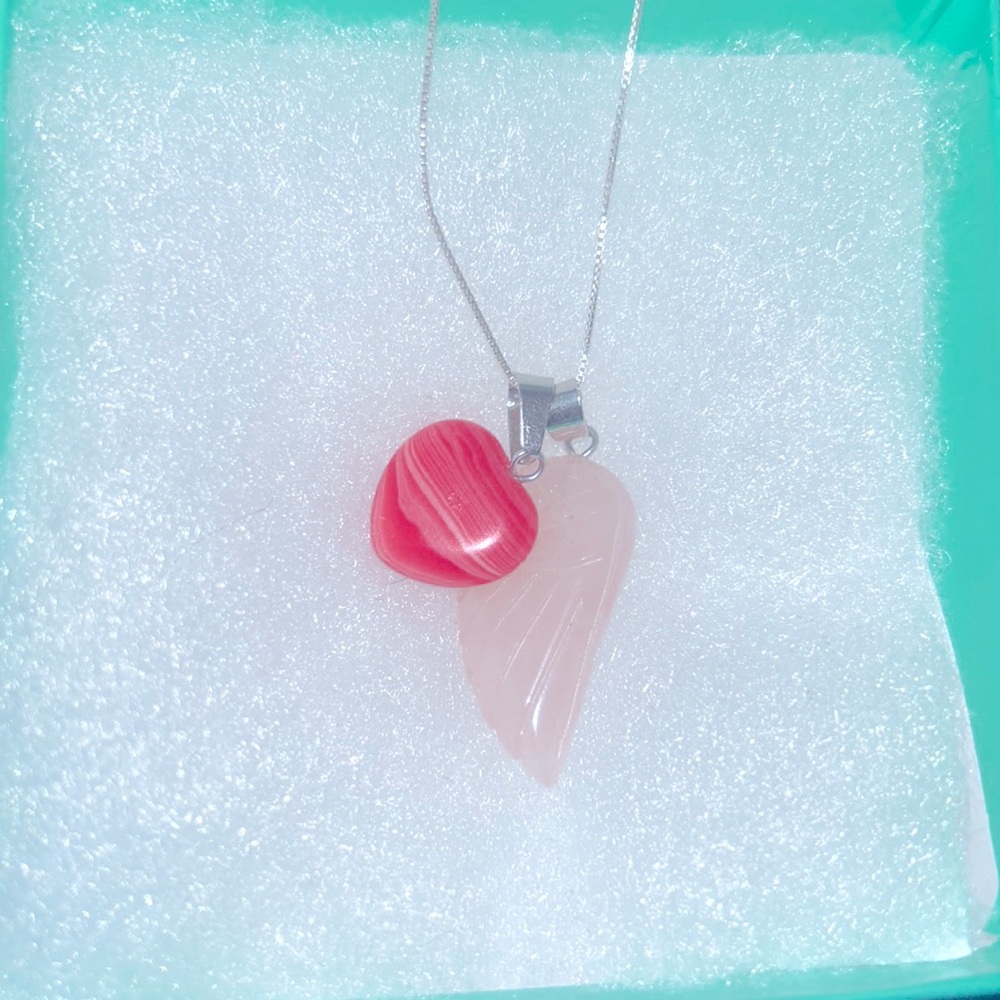 Boho hippie Rose Quartz Crystal Angel Wing & Heart Sterling Silver Necklace 16”